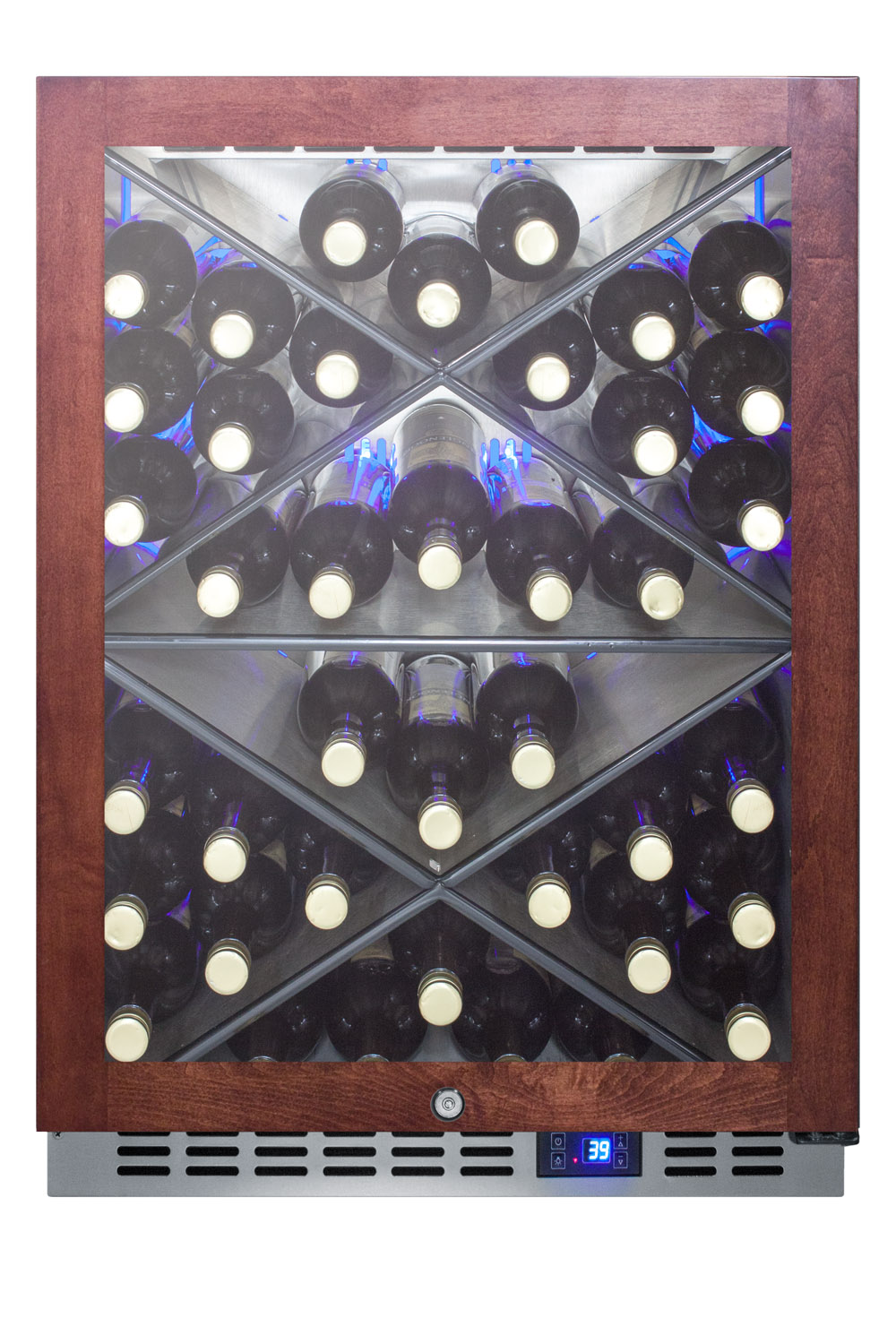 Built-in outdoor commercially listed wine cellar with stainless steel interior, diamond style shelving, digital controls, and stainless steel cabinet